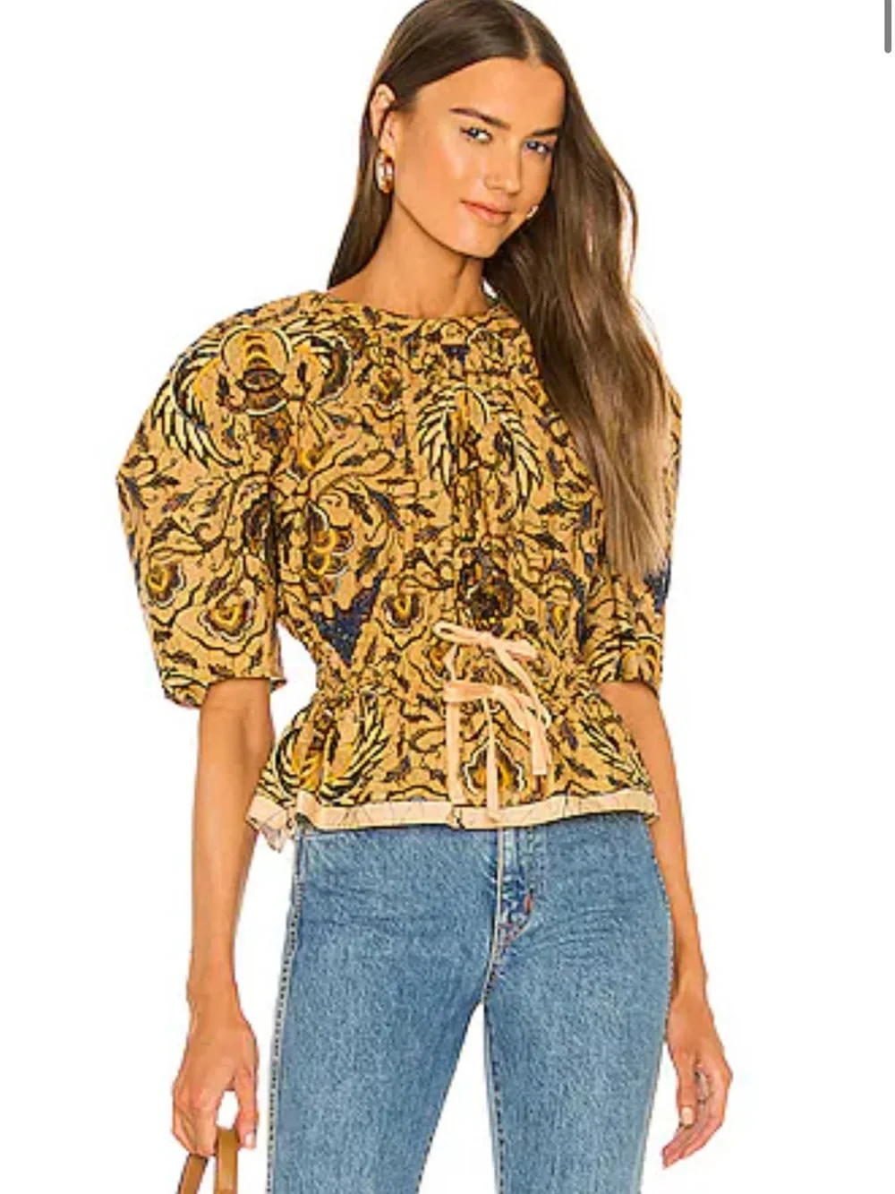 Ulla Johnson Denisa Short Puff Sleeve Horn Peplum Floral Cotton Top Size 4 Small